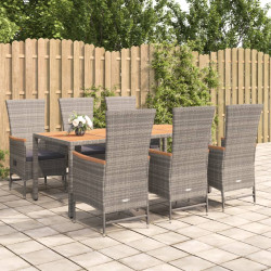 7 Pcs conjunto de jantar p/ jardim c/ almofadões vime PE cinza