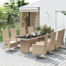 9 Pcs conjunto de jantar p/ jardim com almofadões vime PE bege