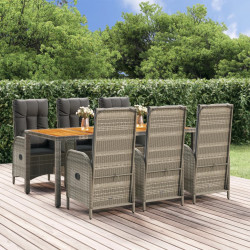 7 Pcs conjunto de jantar p/ jardim c/ almofadões vime PE cinza