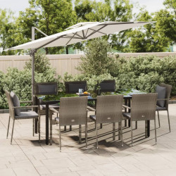9 Pcs conjunto jantar jardim c/ almofadões vime PE preto/cinza