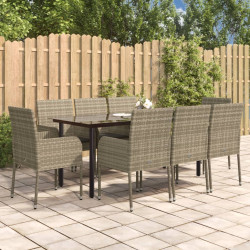 9 Pcs conjunto jantar jardim c/ almofadões vime PE preto/cinza