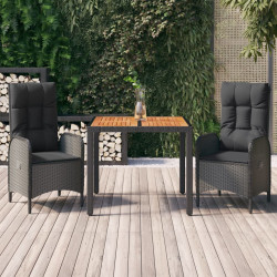 3 Pcs conjunto de jantar p/ jardim c/ almofadões vime PE preto