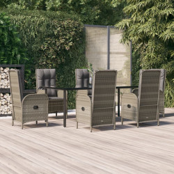 7 Pcs conjunto jantar jardim c/ almofadões vime PE preto/cinza