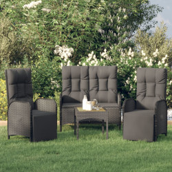 3 Pcs conjunto de jantar p/ jardim c/ almofadões vime PE preto