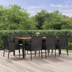 9 Pcs conjunto de jantar p/ jardim c/ almofadões vime PE preto