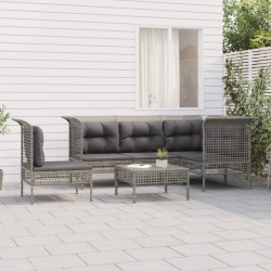 6 Pcs conjunto lounge de jardim c/ almofadões vime PE cinzento