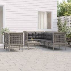 8 Pcs conjunto lounge de jardim c/ almofadões vime PE cinzento