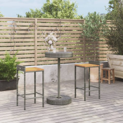 3 Pcs conjunto de bar p/ jardim vime PE/acácia maciça cinzento