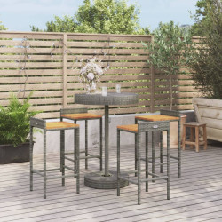 5 Pcs conjunto de bar p/ jardim vime PE/acácia maciça cinzento