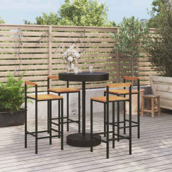 5 Pcs conjunto de bar p/ jardim vime PE/acácia maciça preto