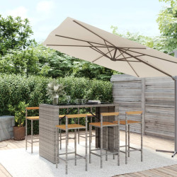 7 Pcs conjunto de bar p/ jardim vime PE/acácia maciça cinzento