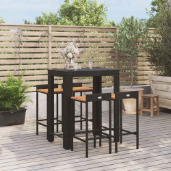 5 Pcs conjunto de bar p/ jardim vime PE/acácia maciça preto