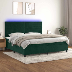 Cama box spring c/ colchão/LED 200x200 cm veludo verde-escuro