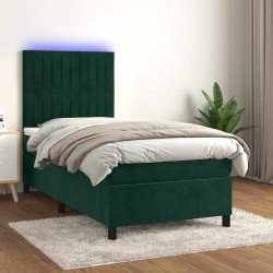 Cama box spring c/ colchão/LED 80x200 cm veludo verde-escuro