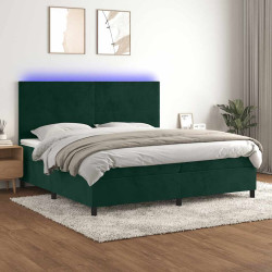 Cama box spring c/ colchão/LED 200x200 cm veludo verde-escuro