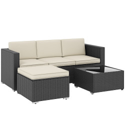 Conjunto de móveis de vime de jardim 3 peças sofá de 3 lugares com almofadas e mesa de centro com bancada de vidro preto e bege