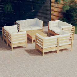 9 Pcs conjunto lounge jardim c/ almofadões cor creme pinho