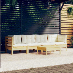 5 Pcs conjunto lounge jardim c/ almofadões creme pinho maciço