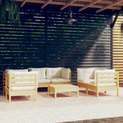 7 Pcs conjunto lounge jardim c/ almofadões creme pinho maciço