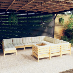11 Pcs conjunto lounge de jardim c/ almofadões cor creme pinho