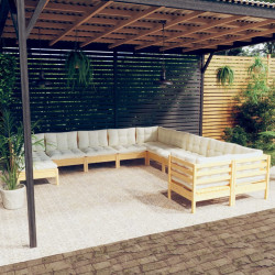 11 Pcs conjunto lounge de jardim c/ almofadões cor creme pinho