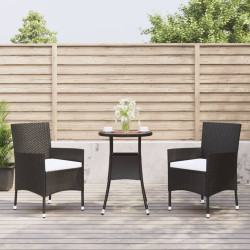 3 Pcs conjunto bistrô de jardim c/ almofadões vime PE preto