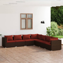 7 Pcs conjunto lounge jardim c/ almofadões vime PE castanho