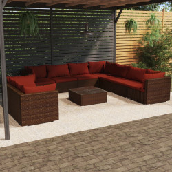 10 Pcs conjunto lounge jardim c/ almofadões vime PE castanho