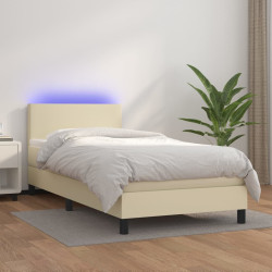Cama box spring c/ colchão/LED 100x200cm couro artificial creme