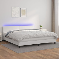 Cama box spring c/colchão/LED 200x200cm couro artificial branco