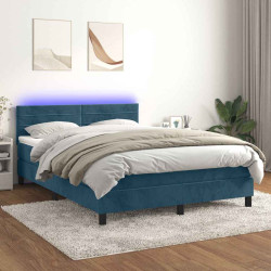 Cama box spring c/ colchão/LED 140x190 cm veludo azul-escuro