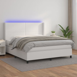 Cama box spring c/colchão/LED 160x200cm couro artificial branco
