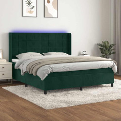 Cama box spring c/ colchão/LED 160x200 cm veludo verde-escuro