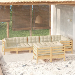 8 Pcs conjunto lounge jardim c/ almofadões creme pinho maciço