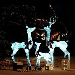 Família renas decorativas natal 201 luzes LED branco/prateado
