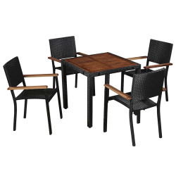 5 Pcs conjunto jantar exterior vime PE e madeira acácia preto
