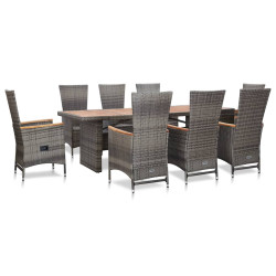 9 Pcs conjunto jantar exterior c/ almofadões vime PE cinzento