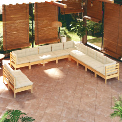11 Pcs conjunto lounge jardim c/ almofadões creme pinho maciço