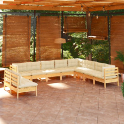 10 Pcs conjunto lounge jardim c/ almofadões creme pinho maciço
