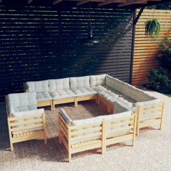11 Pcs conjunto lounge jardim c/ almofadões creme pinho maciço