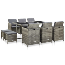 11 Pcs conjunto jantar exterior c/ almofadões vime PE cinzento