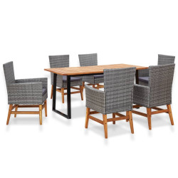 7 Pcs conj. jantar p/ exterior vime PE madeira acácia cinzento