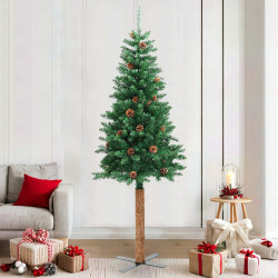 Árvore de natal fina madeira e pinhas genuínas 210 cm PVC verde