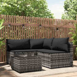 4 Pcs conjunto lounge de jardim c/ almofadões vime PE cinzento