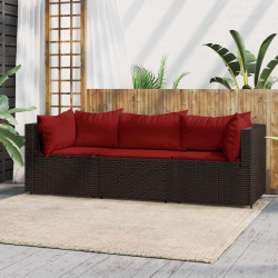 3 Pcs conjunto lounge jardim c/ almofadões vime PE castanho