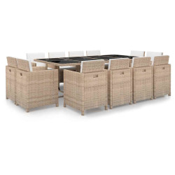 13 Pcs conjunto jantar exterior com almofadões vime PE bege