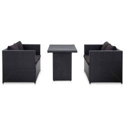 3 Pcs conjunto lounge de jardim c/ almofadões vime PE preto