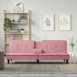 Sofá-cama com suporte para copos veludo rosa