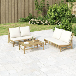 2 Pcs conjunto lounge de jardim bambu c/ almofadões branco nata