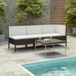 3 Pcs conjunto lounge para jardim c/ almofadões vime PE preto